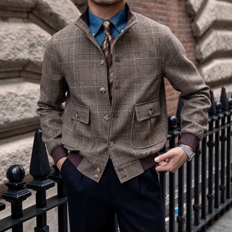 Veste Bomber Boutonnée en Mélange Laine Prince de Galles