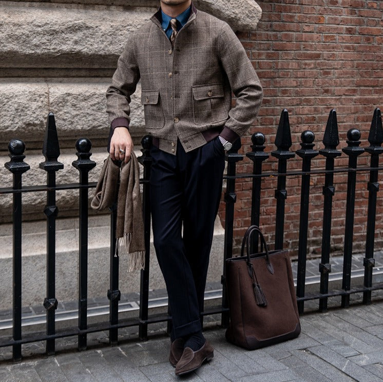 Veste Bomber Boutonnée en Mélange Laine Prince de Galles