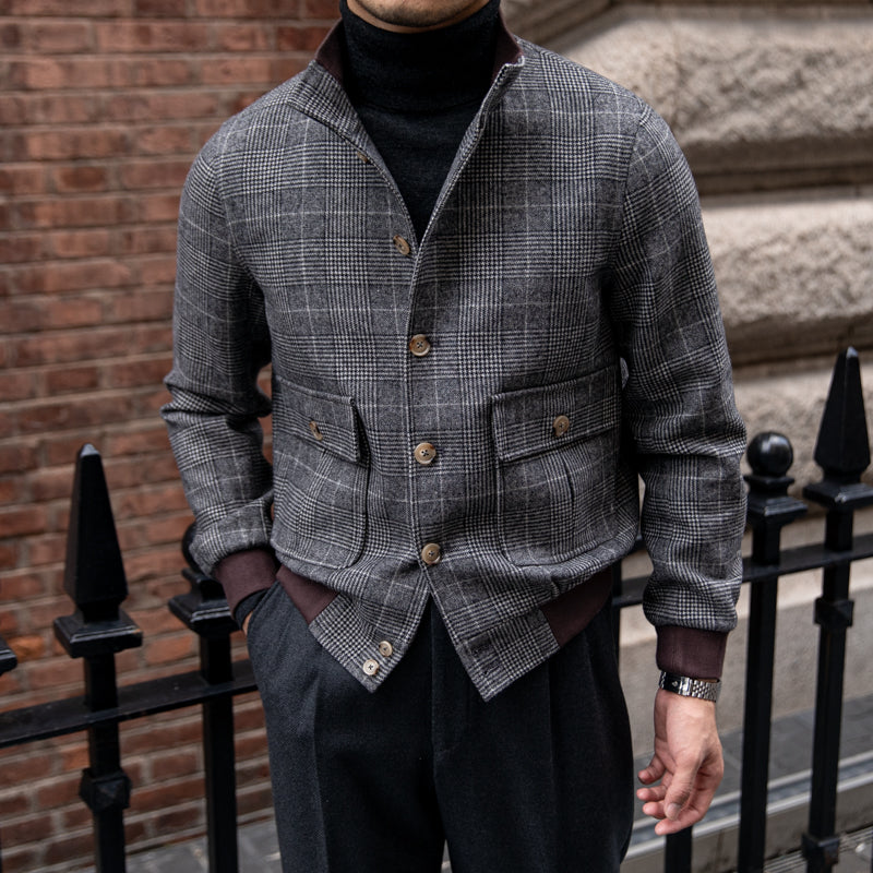 Veste Bomber Boutonnée en Mélange Laine Prince de Galles
