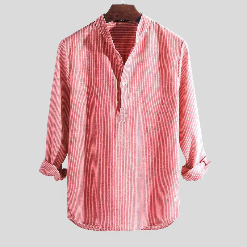 Herren Langarm Henley Hemd Baumwolle Leinen Mischung Gestreift