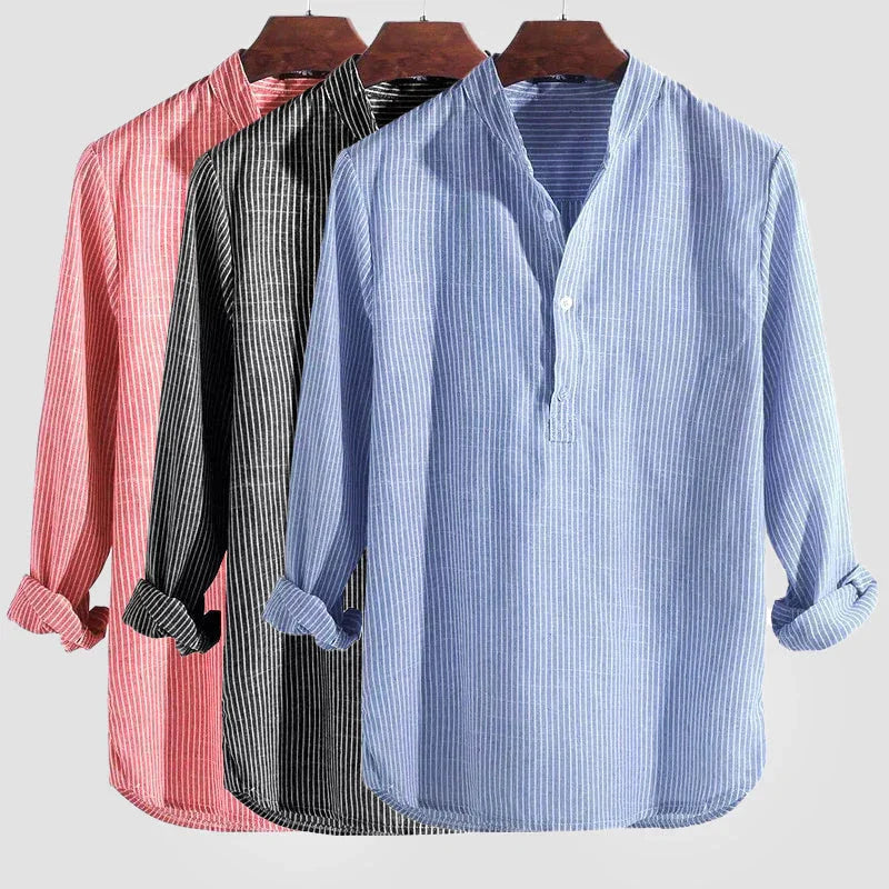 Herren Langarm Henley Hemd Baumwolle Leinen Mischung Gestreift