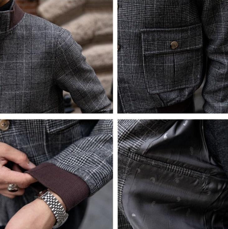 Veste Bomber Boutonnée en Mélange Laine Prince de Galles