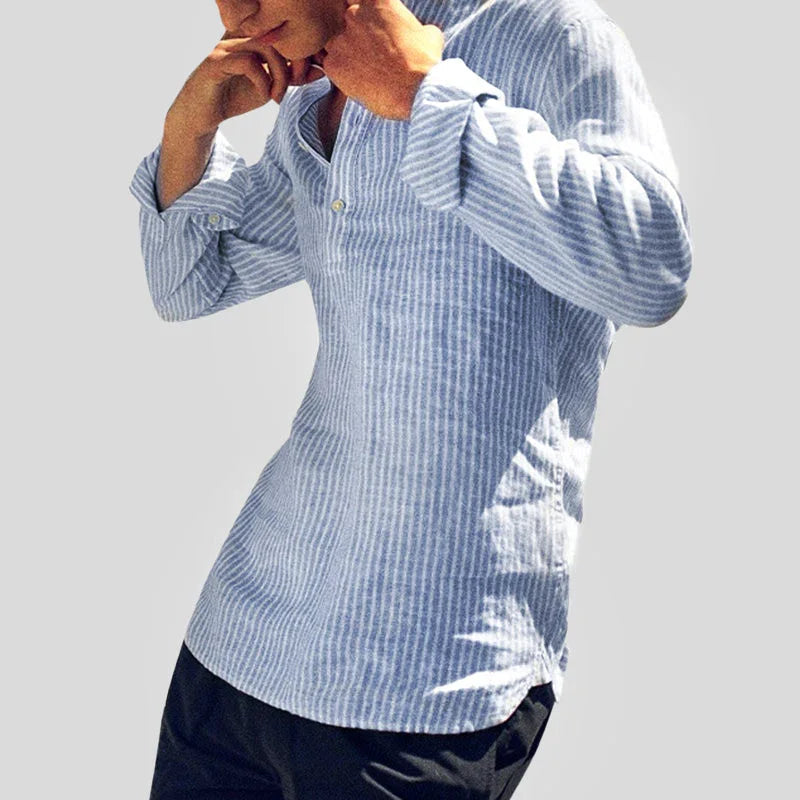 Herren Langarm Henley Hemd Baumwolle Leinen Mischung Gestreift