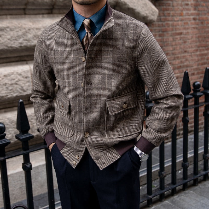 Veste Bomber Boutonnée en Mélange Laine Prince de Galles