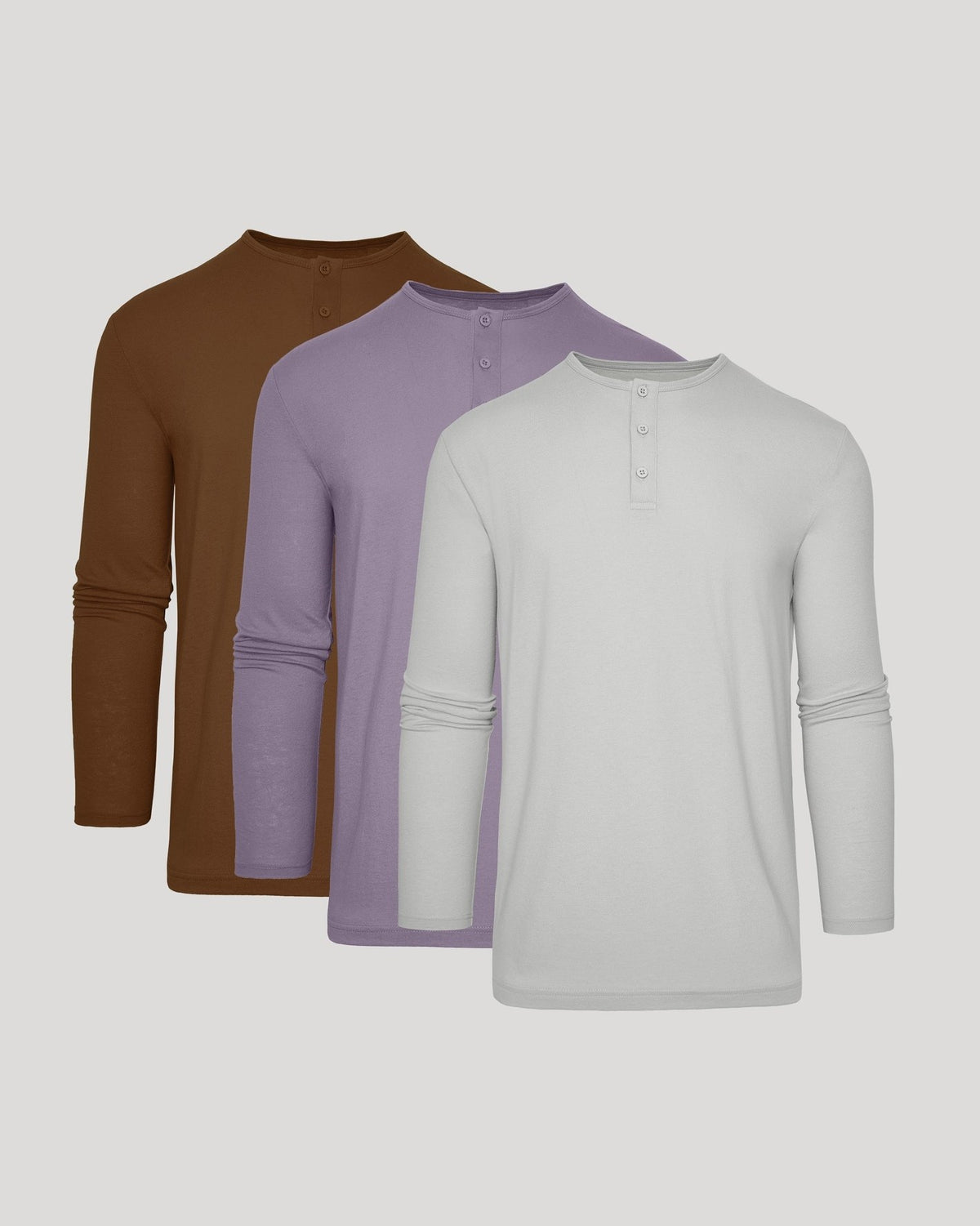 Men's Ultra Comfortable Long Sleeve Henley in Sepia Brown, Ashberry Mauve and Steel Gray