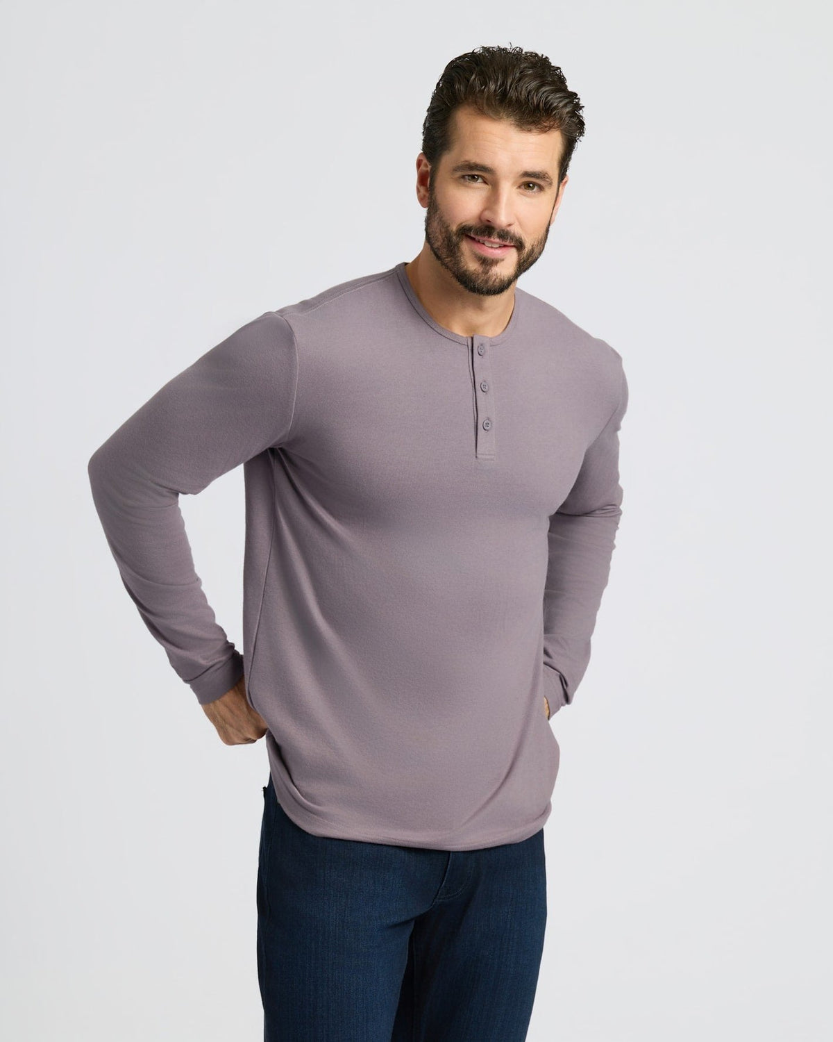 Brera long sleeve henley in Ashberry Mauve — relaxed pose