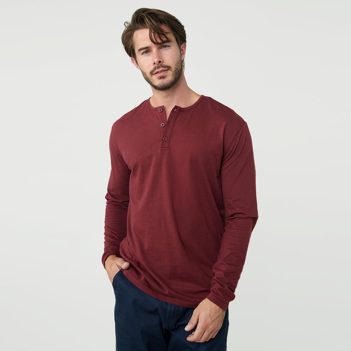 Brera long sleeve henley in Burgundy Wine — front