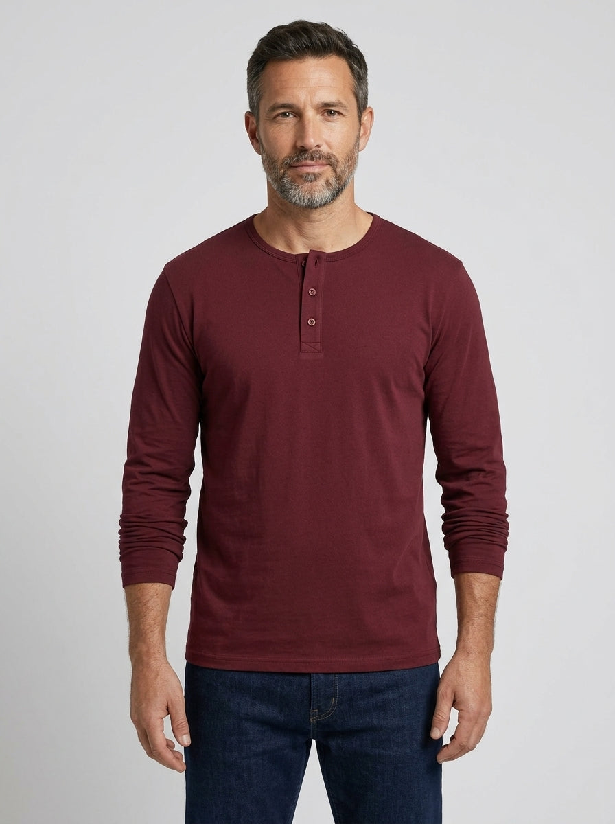 Brera long sleeve henley in Burgundy Wine — on model