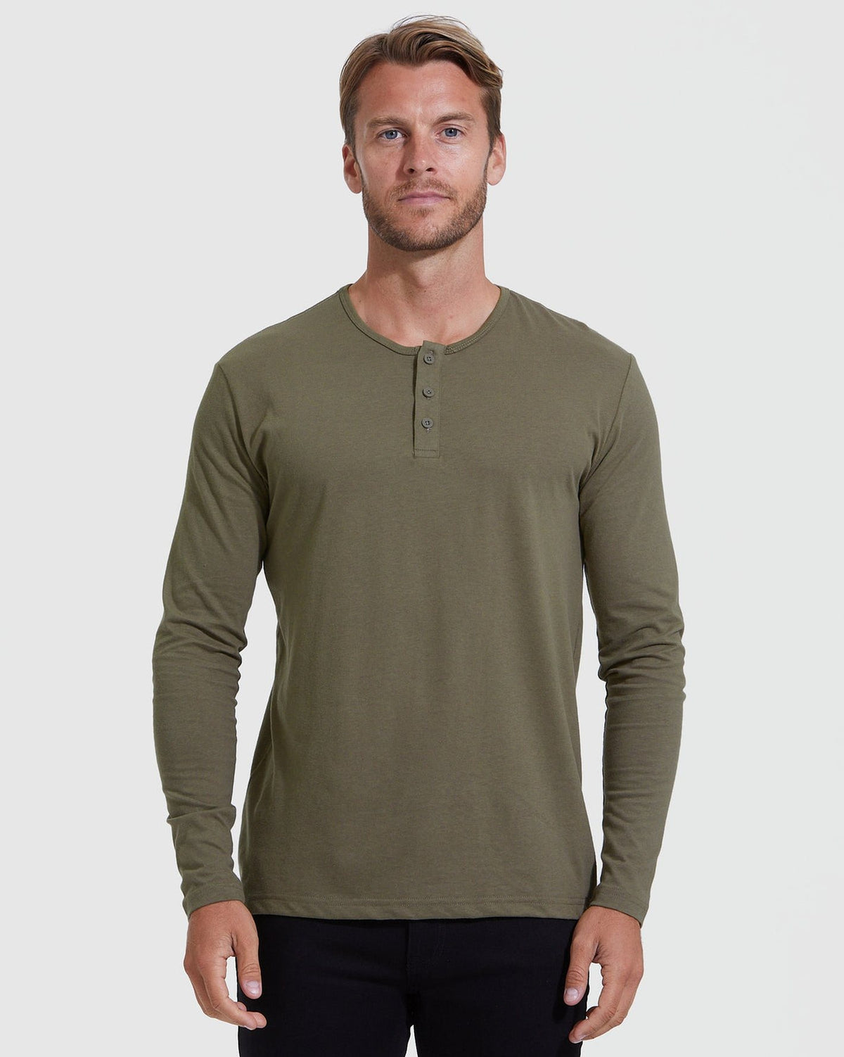 Brera long sleeve henley in Military Olive — front