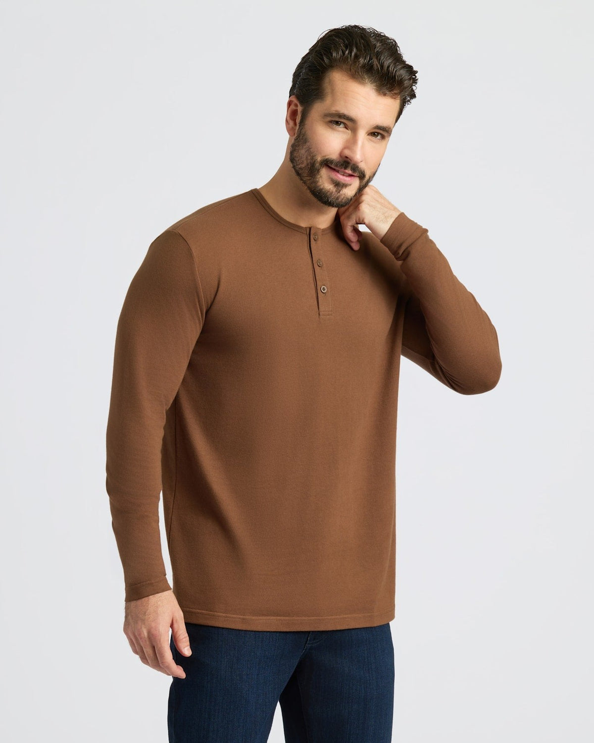Brera long sleeve henley in Sepia Brown — relaxed pose