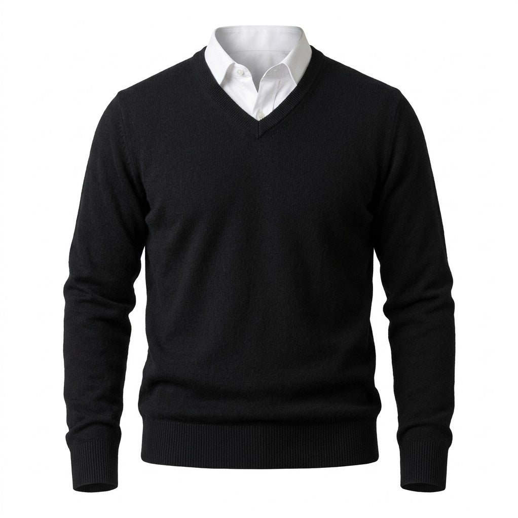 Men's Cashmere V-Neck Sweater in Black, front view on a white background