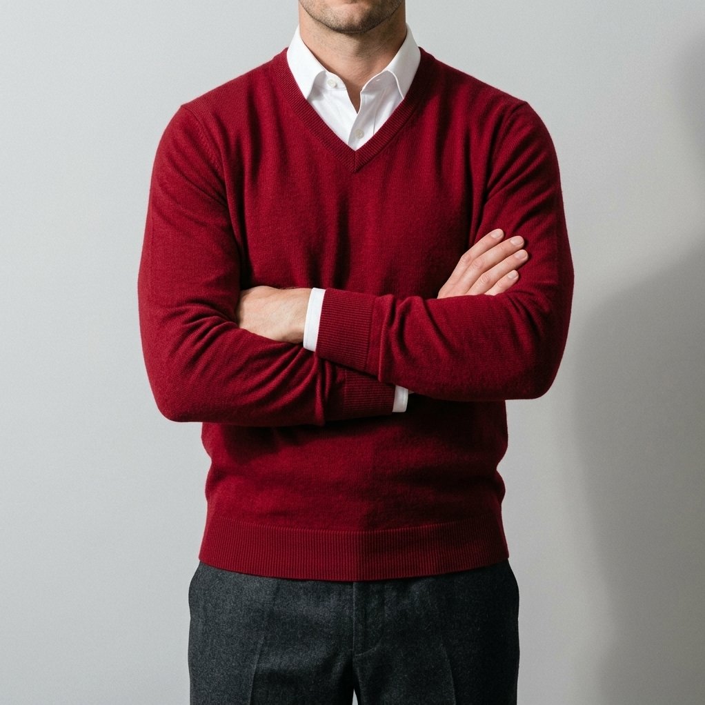 Man wearing the Men's Cashmere V-Neck Sweater in Red over a white shirt, arms crossed