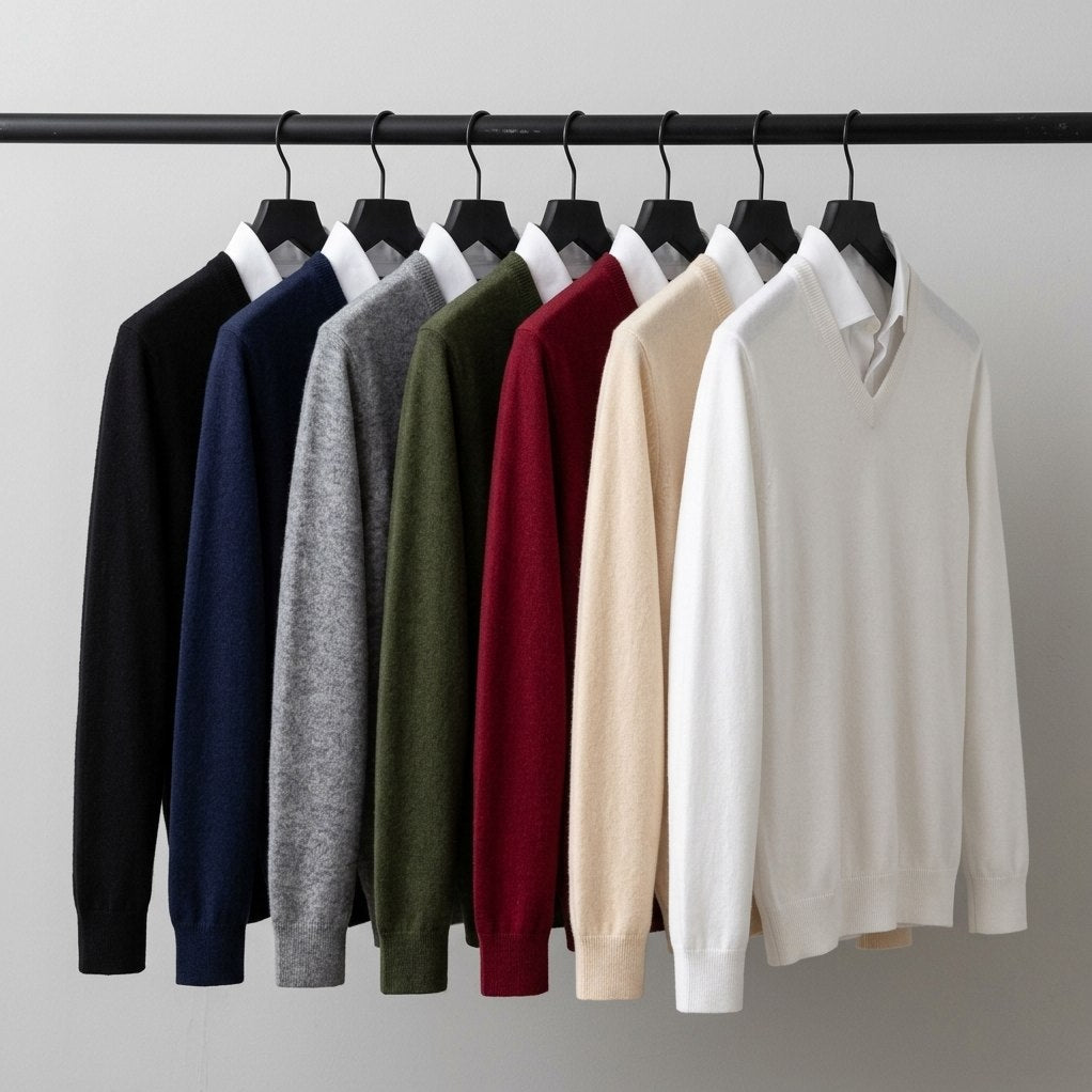 The Men's Cashmere V-Neck Sweater in all seven colours on hangers