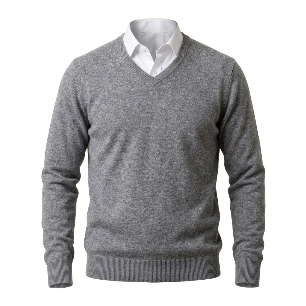 Men's Cashmere V-Neck Sweater in Grey, front view on a white background