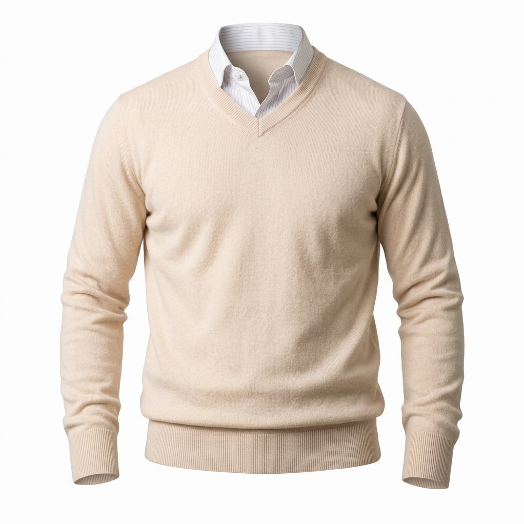 Men's Cashmere V-Neck Sweater in Beige, front view on a white background