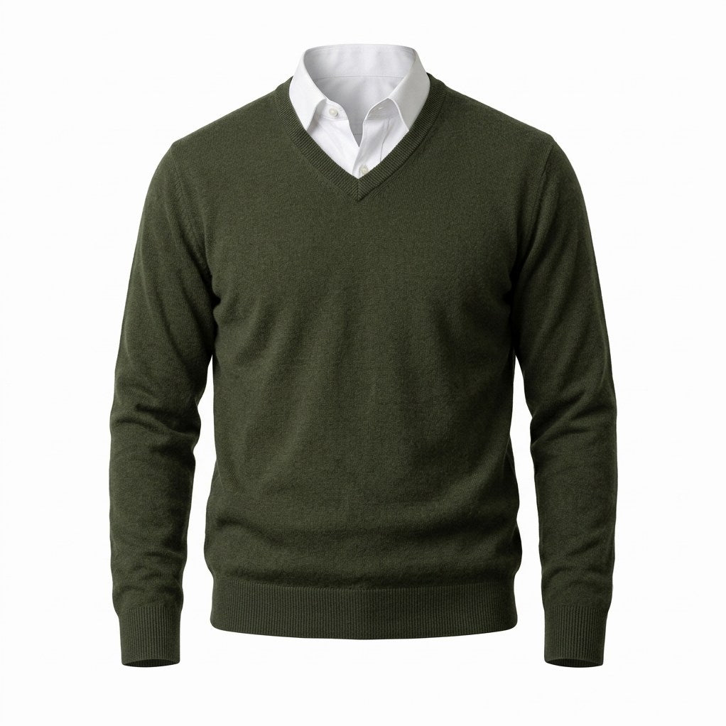Men's Cashmere V-Neck Sweater in Green, front view on a white background
