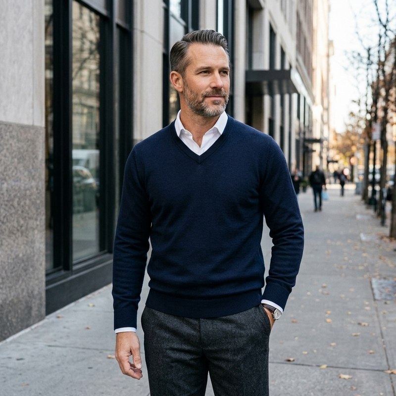 Man in the Cashmere V-Neck Sweater in Dark Blue over a white dress shirt on a city sidewalk on an autumn morning