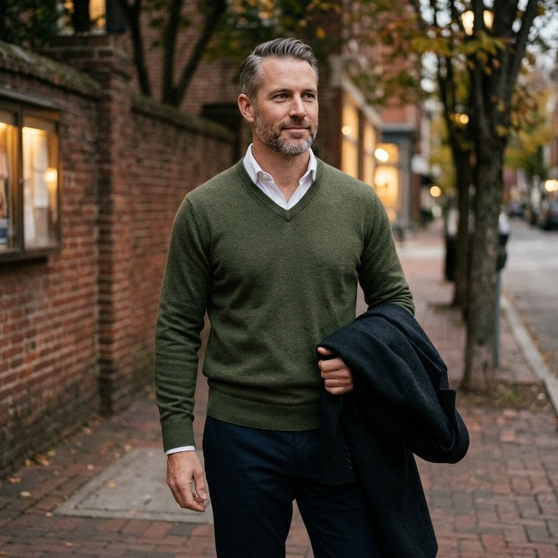 Man in the Cashmere V-Neck Sweater in Green on a brick-lined street in the evening, a wool overcoat over his arm