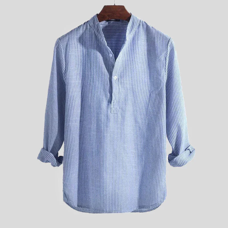 Herren Langarm Henley Hemd Baumwolle Leinen Mischung Gestreift