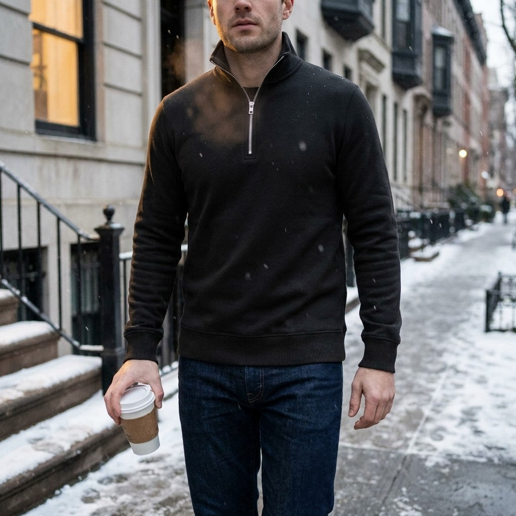 Man in the Darkwave Regal Pullover Sweater in Black on a snowy city sidewalk, coffee in hand