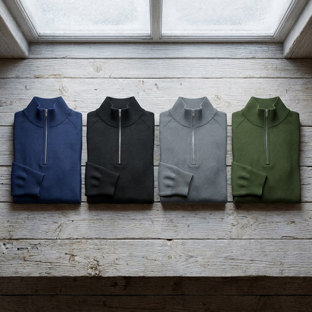 The Darkwave Regal Pullover Sweater folded in Blue, Black, Gray and Green