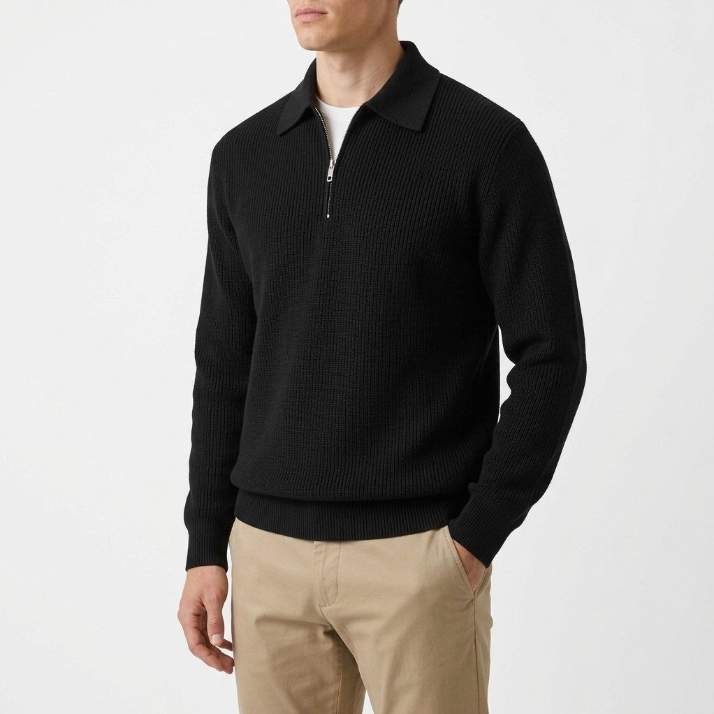 Devon zip sweater in Black, worn with khaki chinos