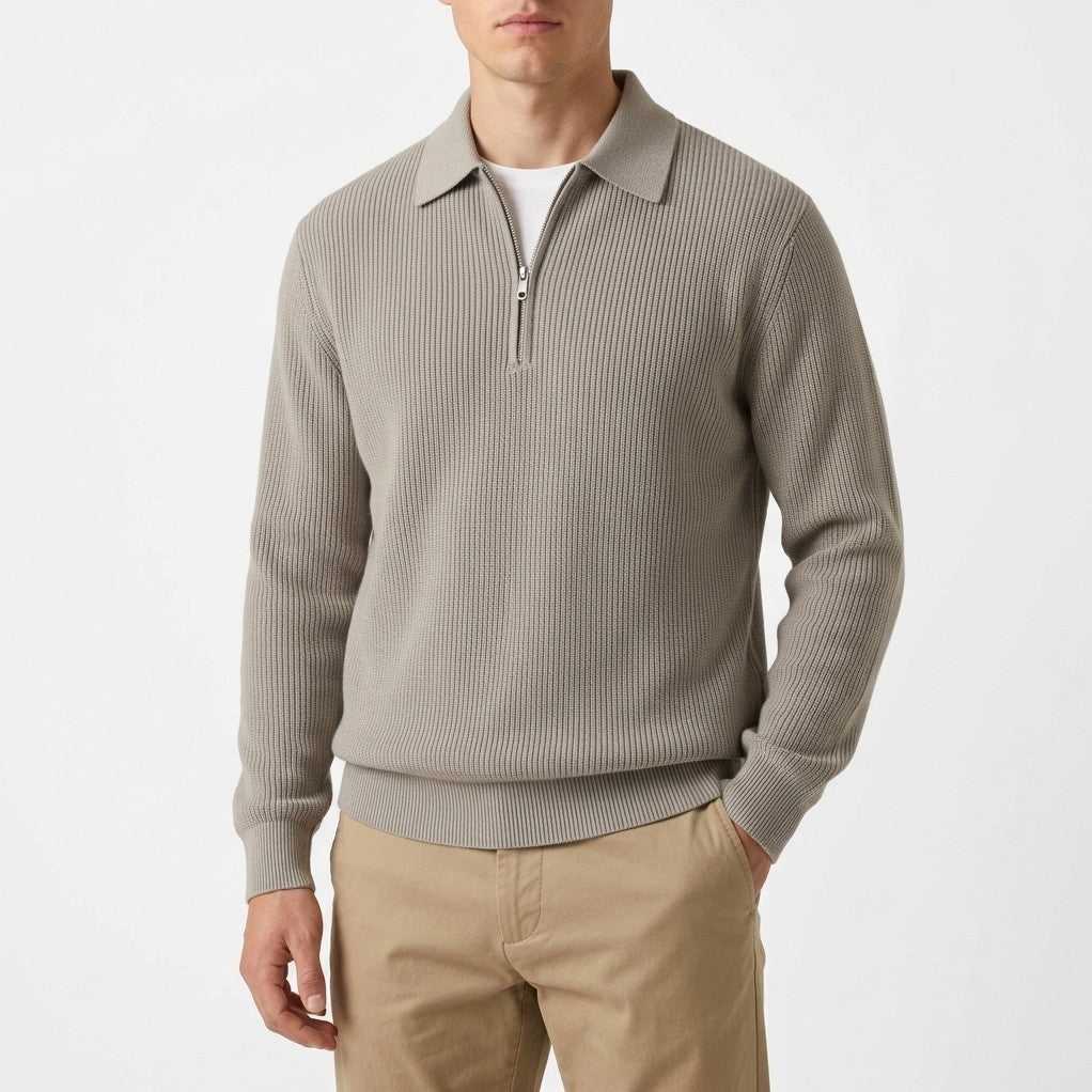 Devon zip sweater in Light Gray, worn with khaki chinos