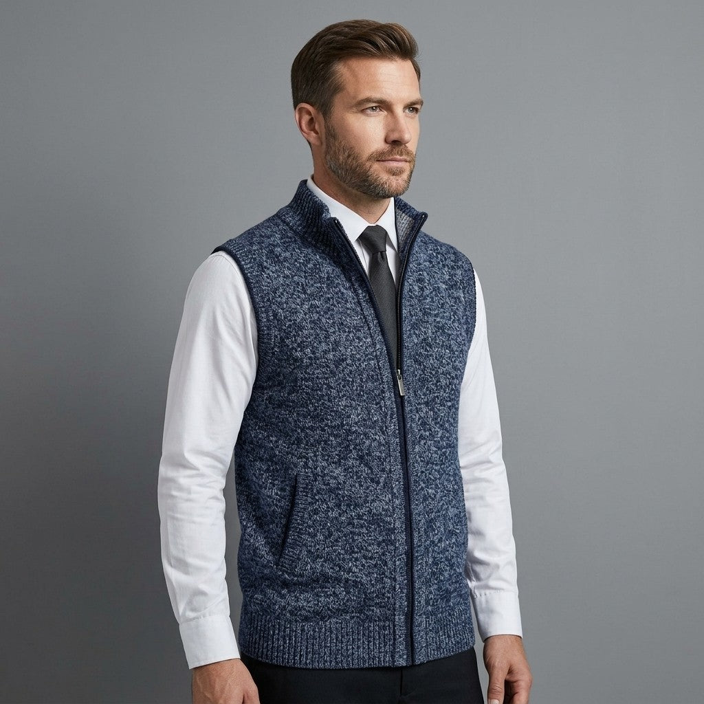 Man wearing the Elegant Full-Zip Sweater Vest in Blue over a white shirt and tie