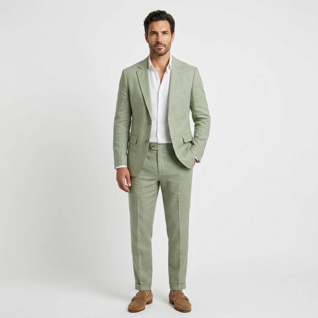 Herren 2-teiliger Leinenanzug – Leichtes Sommerblazer- und Hosenset
