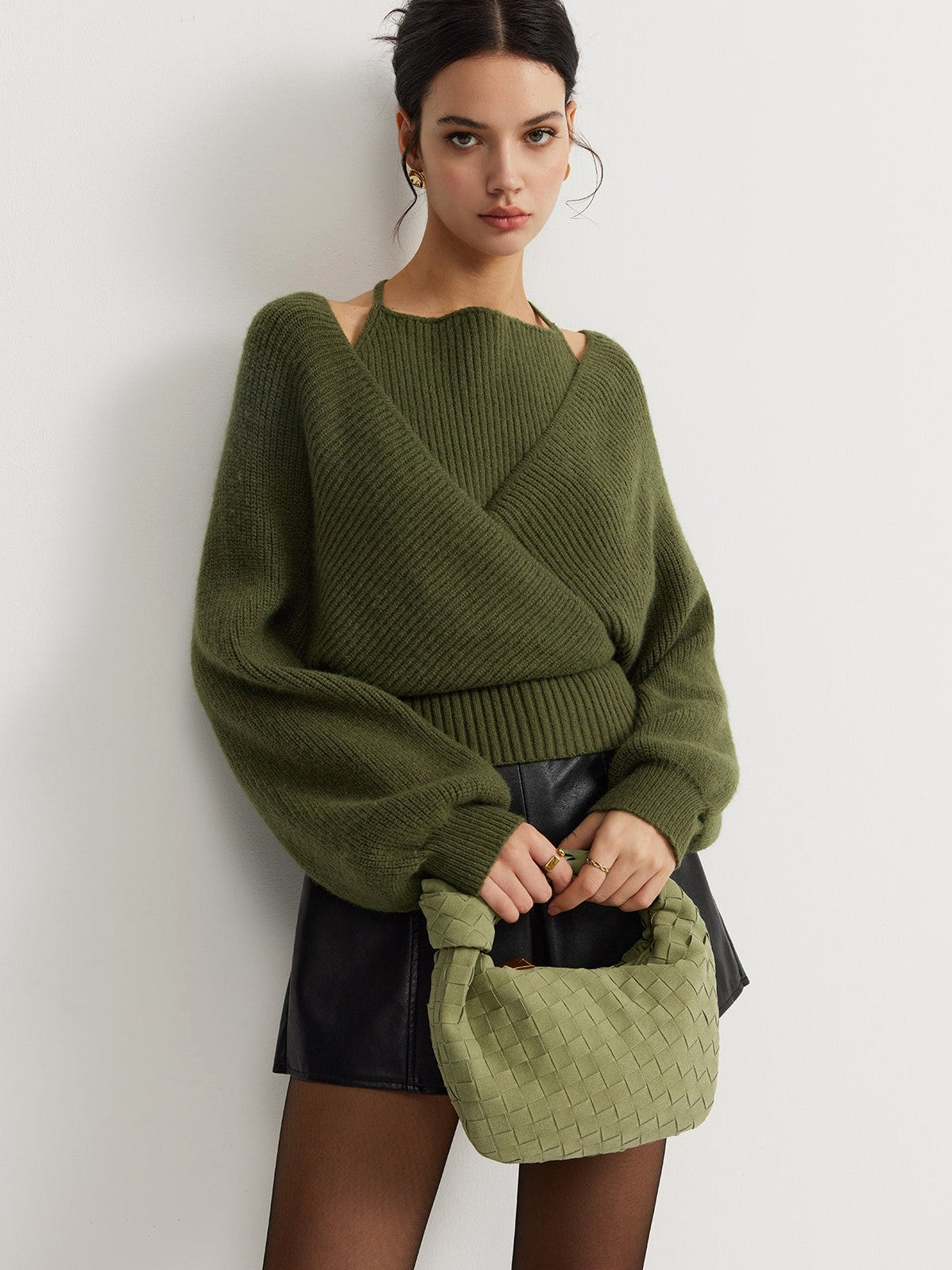 Women's 2 in 1 Bat Sleeve Halter Knit Top — styled look