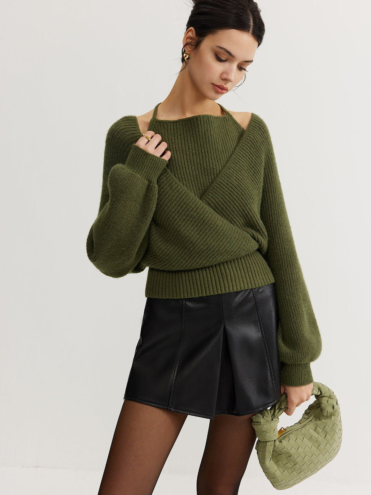 Women's 2 in 1 Bat Sleeve Halter Knit Top — full view