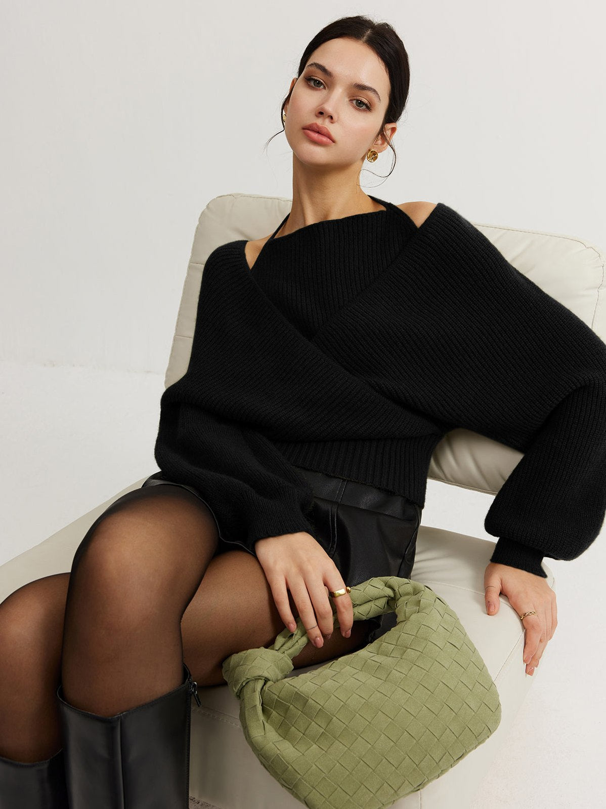 Women's 2 in 1 Bat Sleeve Halter Knit Top in Black