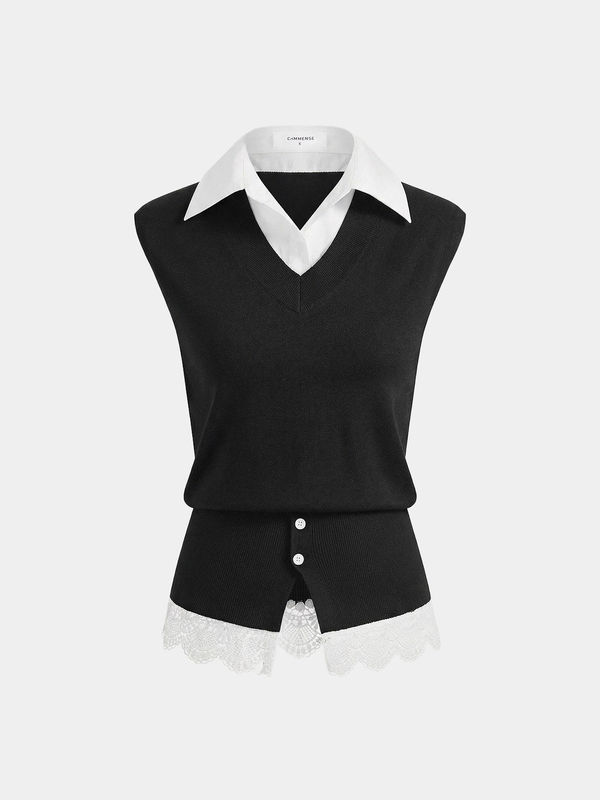 Women's 2 in 1 Collared Lace Hem Knit Vest in BlackandWhite