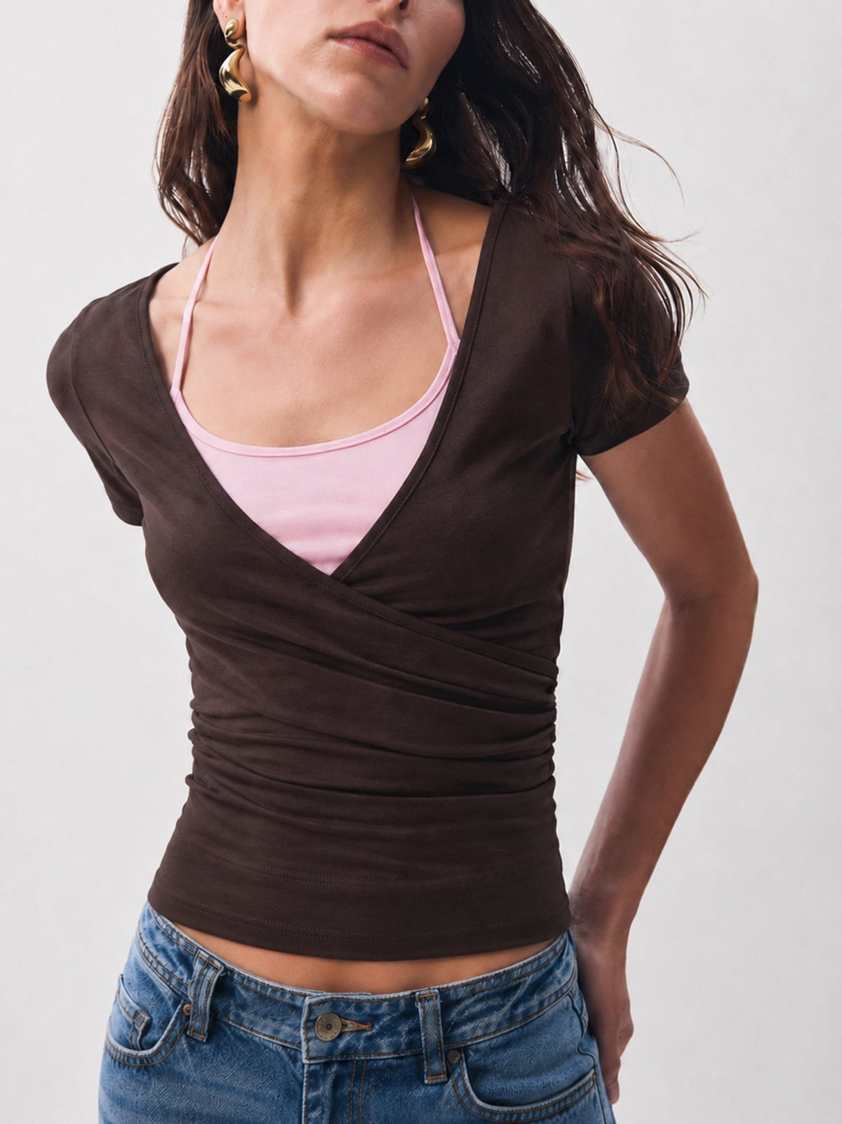 Women's 2 in 1 Color Block Halter Ruched Top in Dark Brown