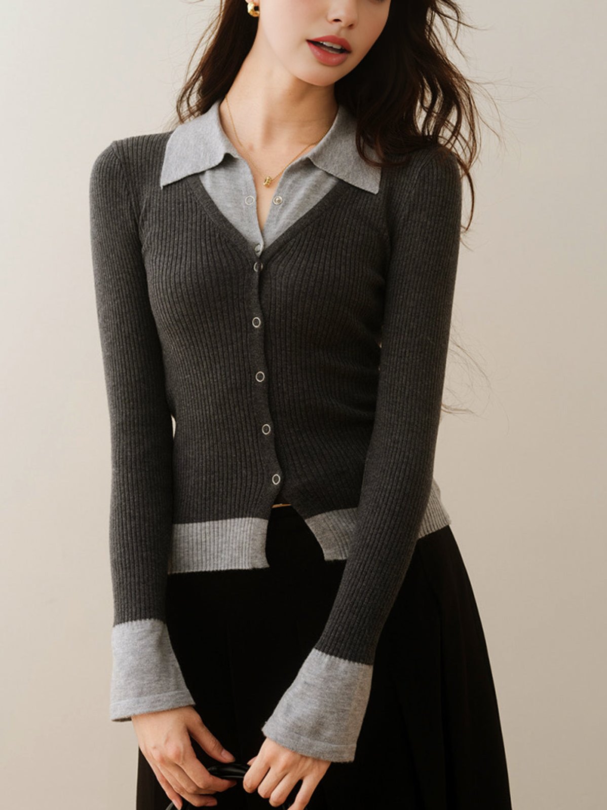 Women's 2 in 1 Color Block Knit Top in Grey