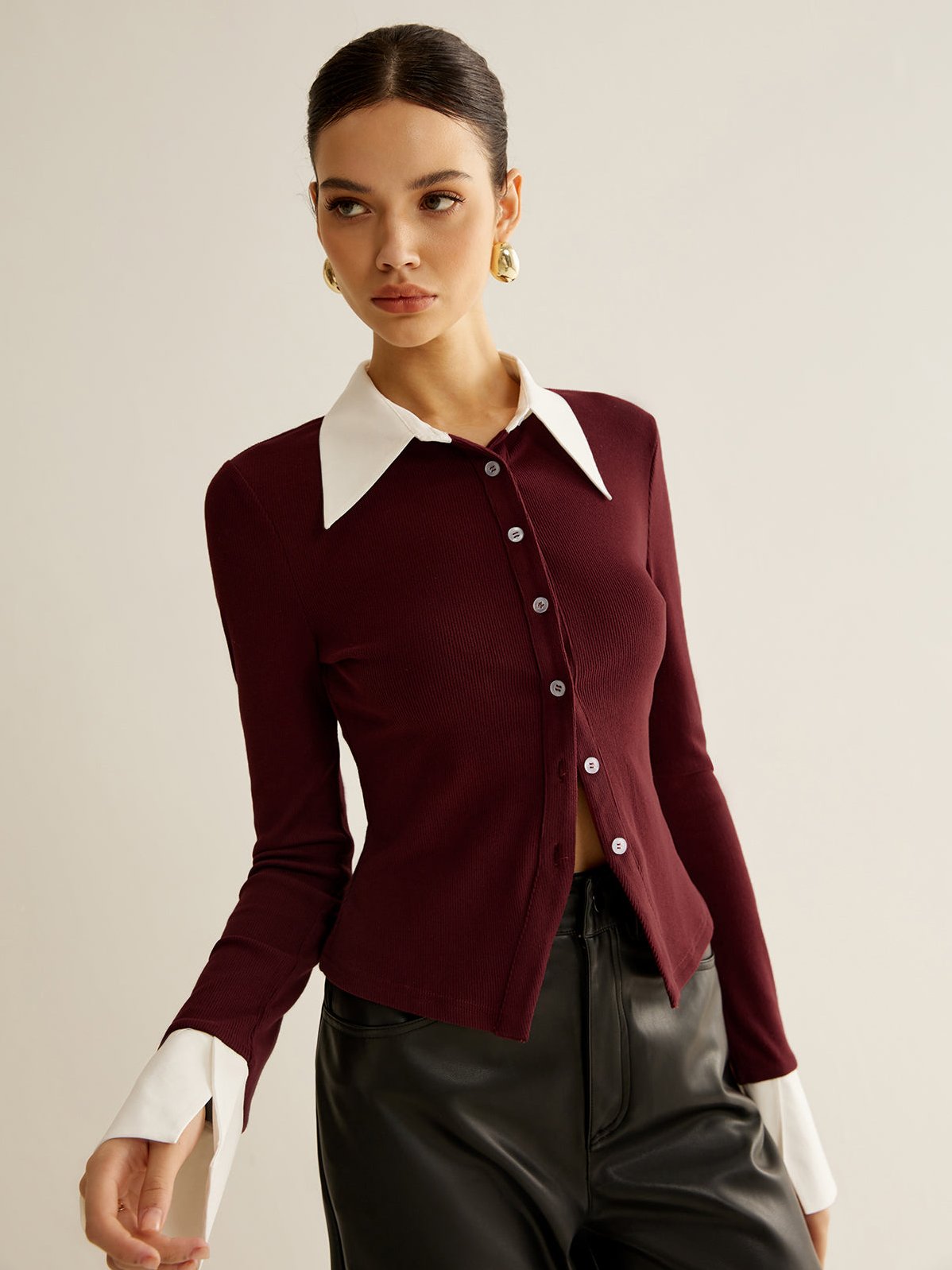 Women's 2 in 1 Contrast Binding Button Shirt — full view