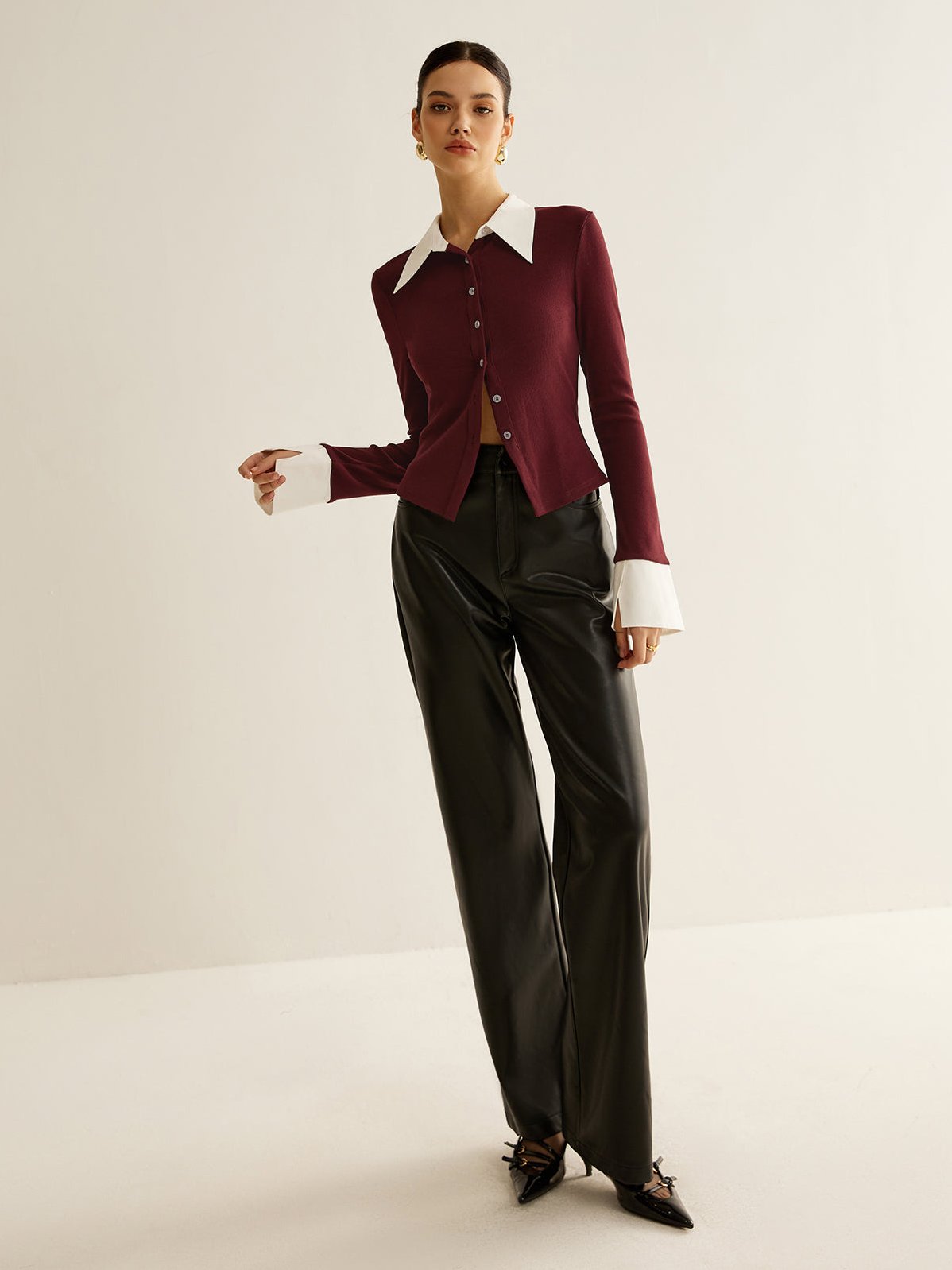 Women's 2 in 1 Contrast Binding Button Shirt — worn on model