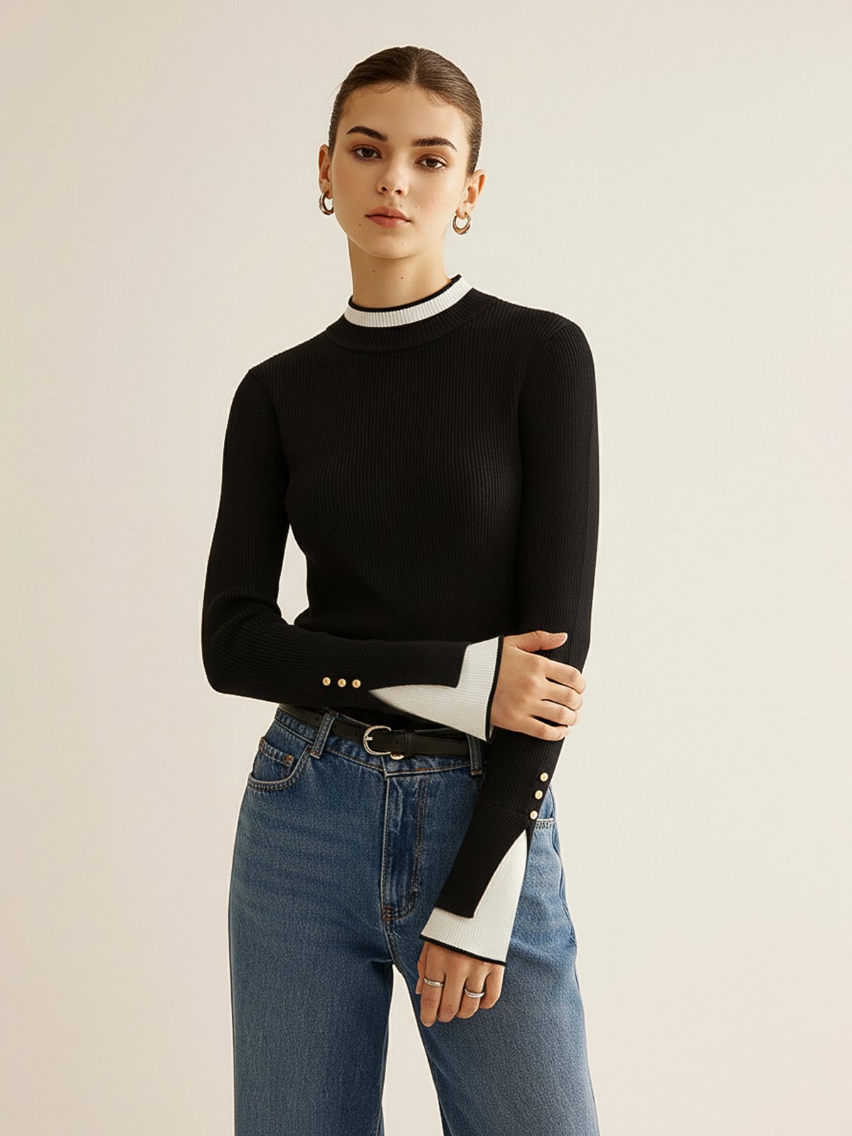 Women's 2 in 1 Contrast Cuff Mock Neck Ribbed Knit Top in BlackandWhite