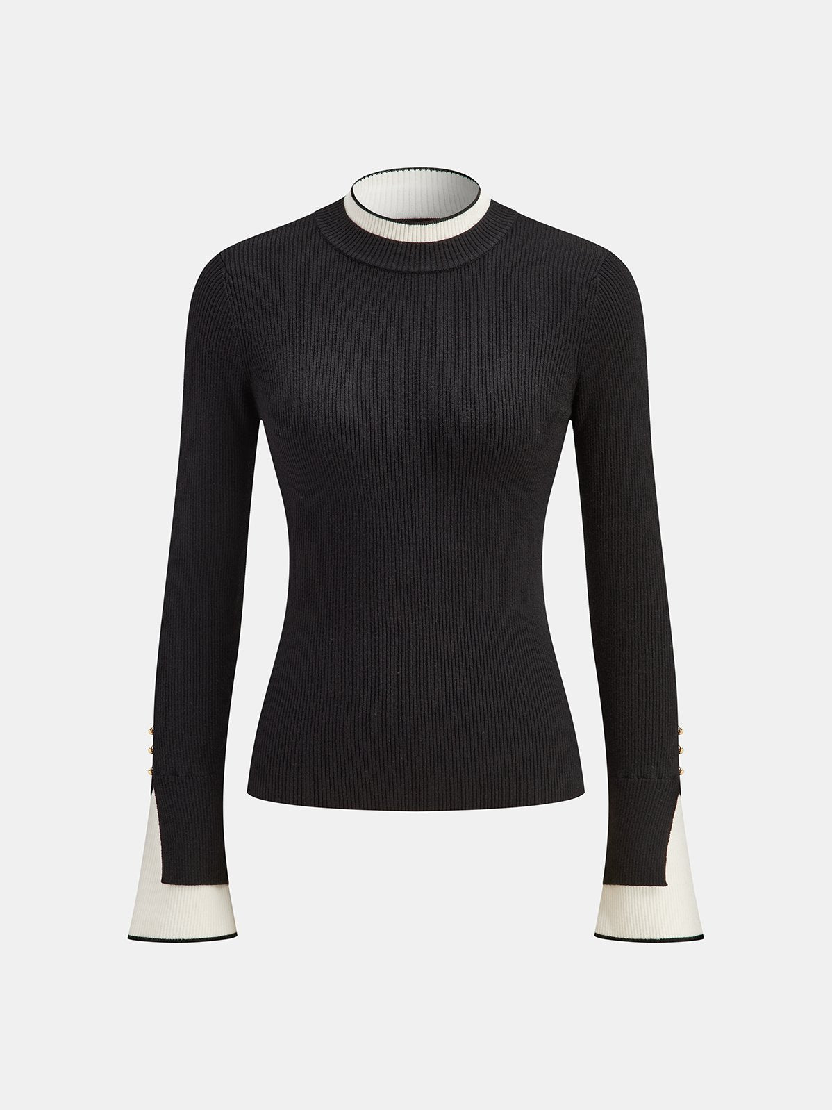 Women's 2 in 1 Contrast Cuff Mock Neck Ribbed Knit Top — detail
