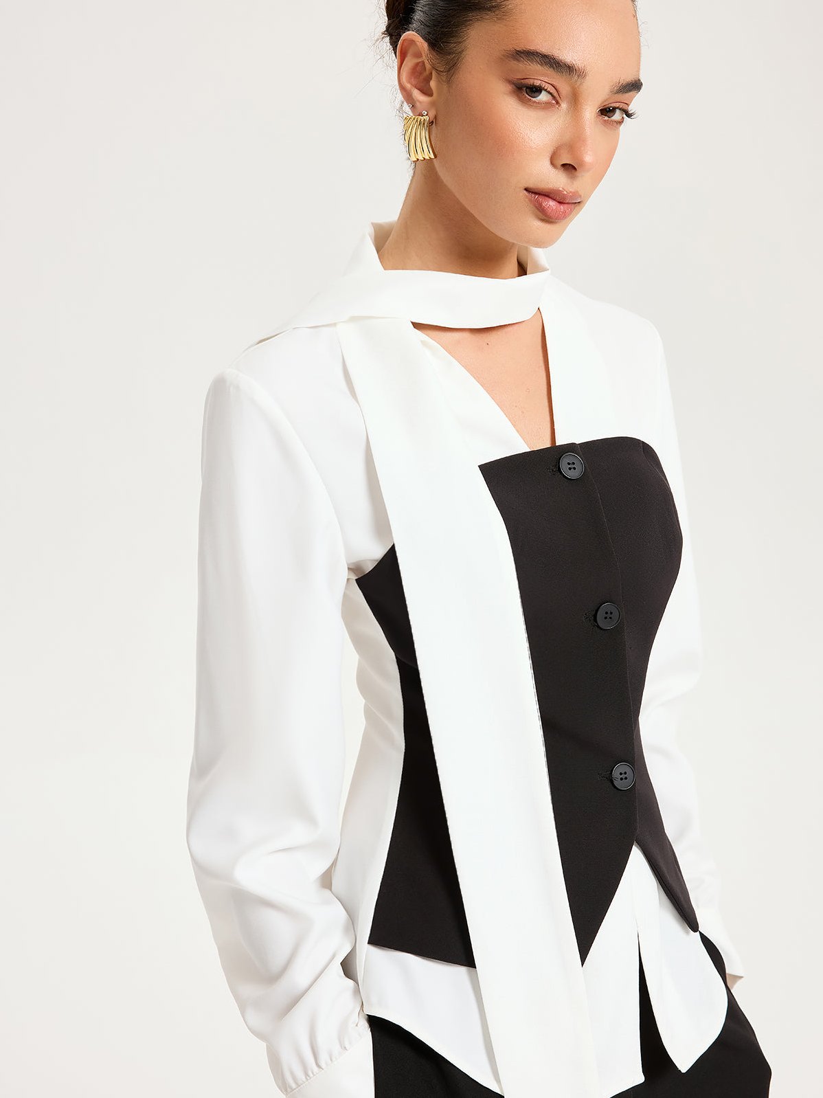 Women's 2 in 1 Contrast Panel Tie-Neck Blouse in BlackandWhite