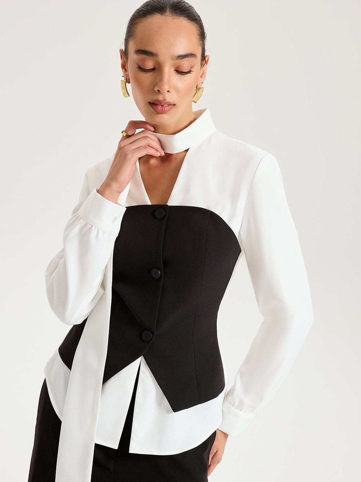 Women's 2 in 1 Contrast Panel Tie-Neck Blouse — detail