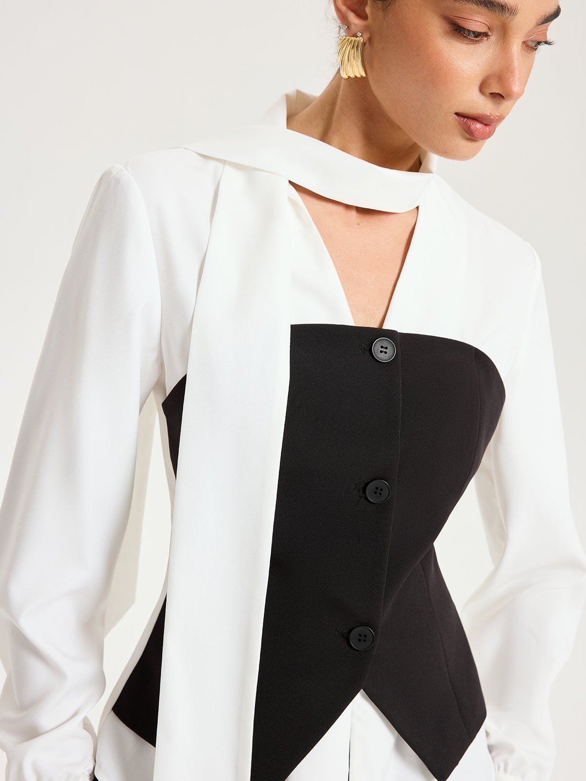 Women's 2 in 1 Contrast Panel Tie-Neck Blouse — close-up