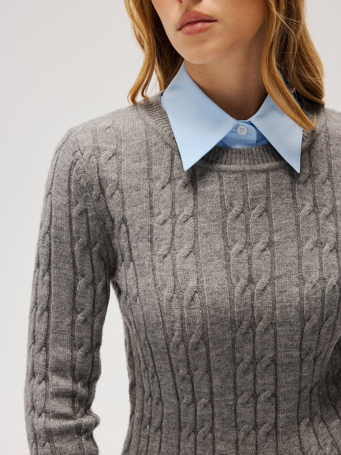 Women's 2 in 1 Contrast Shirt Collar Cable-Knit Sweater — styled look