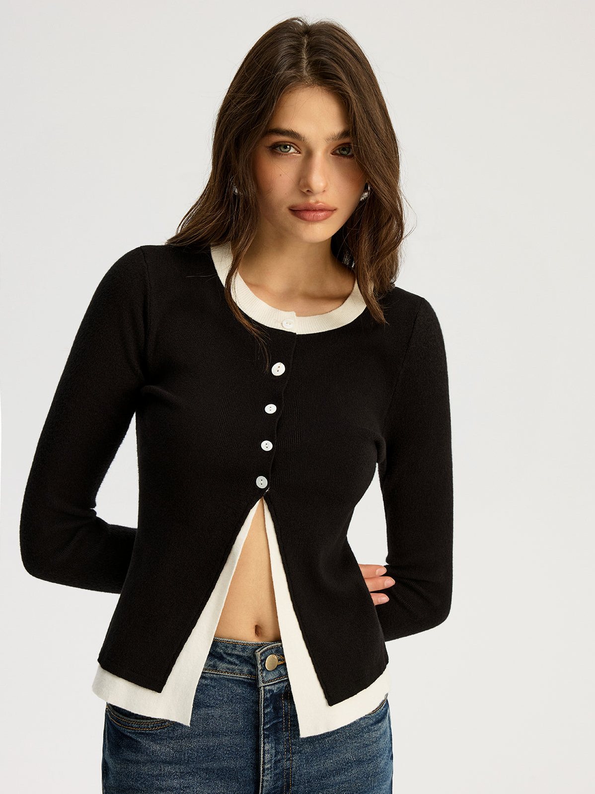 Women's 2 in 1 Contrast Trim Slit Knit Top — styled look