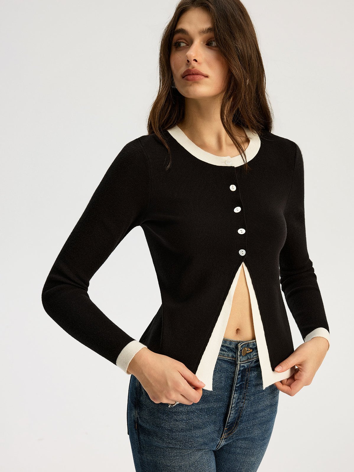 Women's 2 in 1 Contrast Trim Slit Knit Top — full view