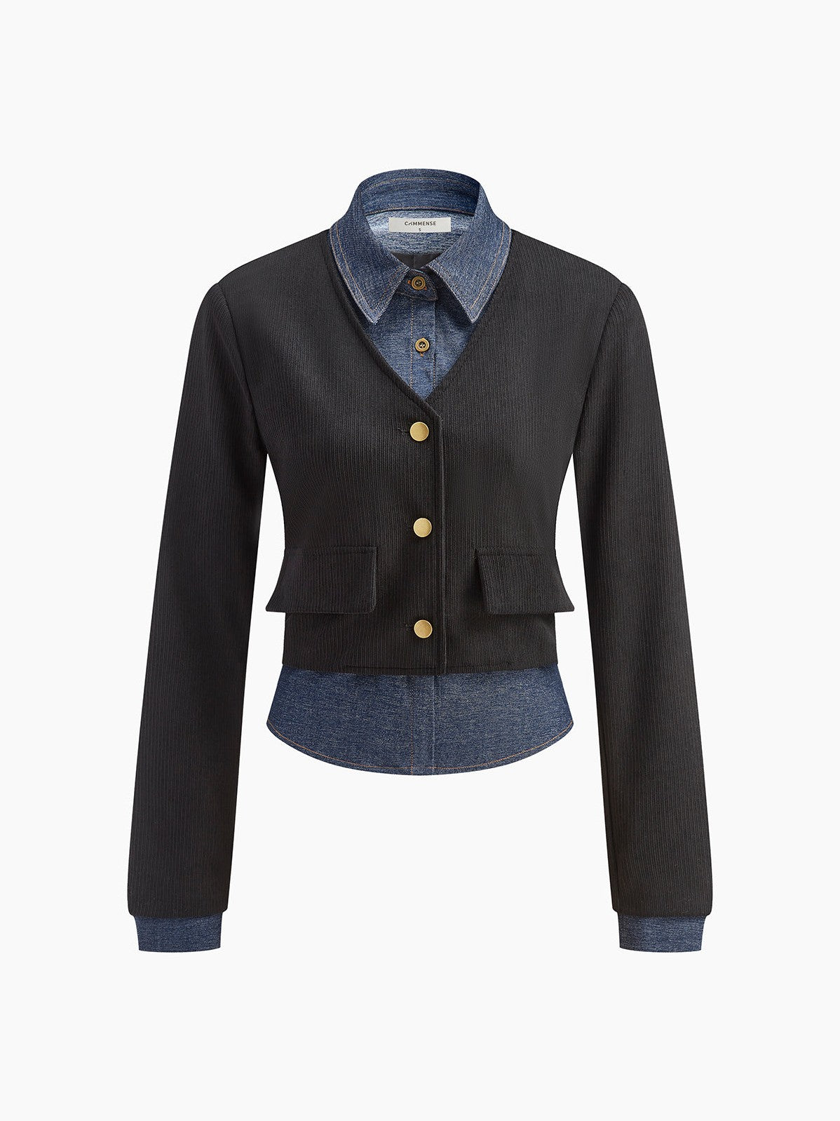 Women's 2 in 1 Denim Panel Polo Shirt in Black