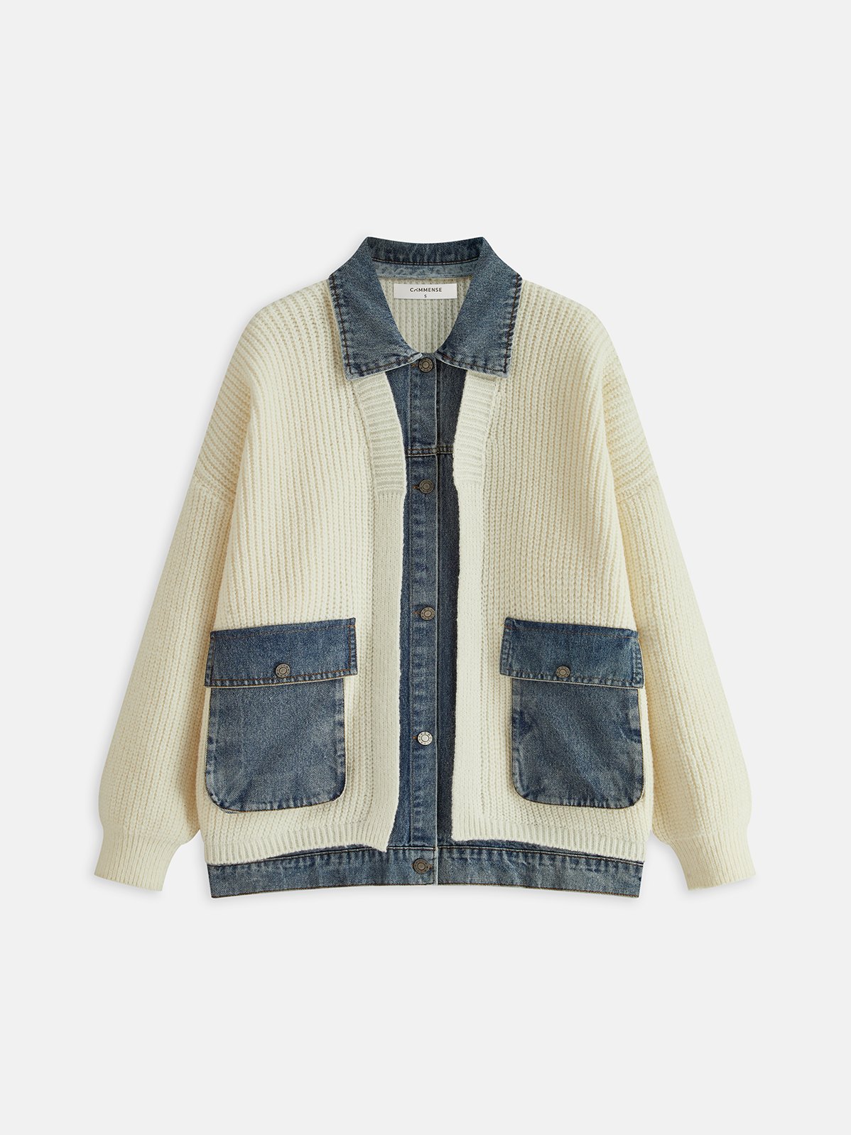 Women's 2 in 1 Denim Paneled Cardigan in Off-White