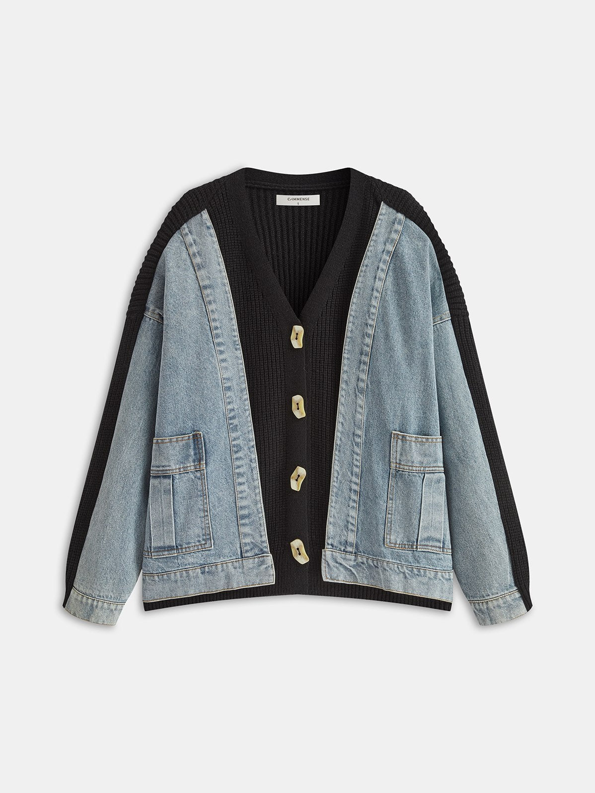 Women's 2 in 1 Denim Paneled Knit Cardigan in Black