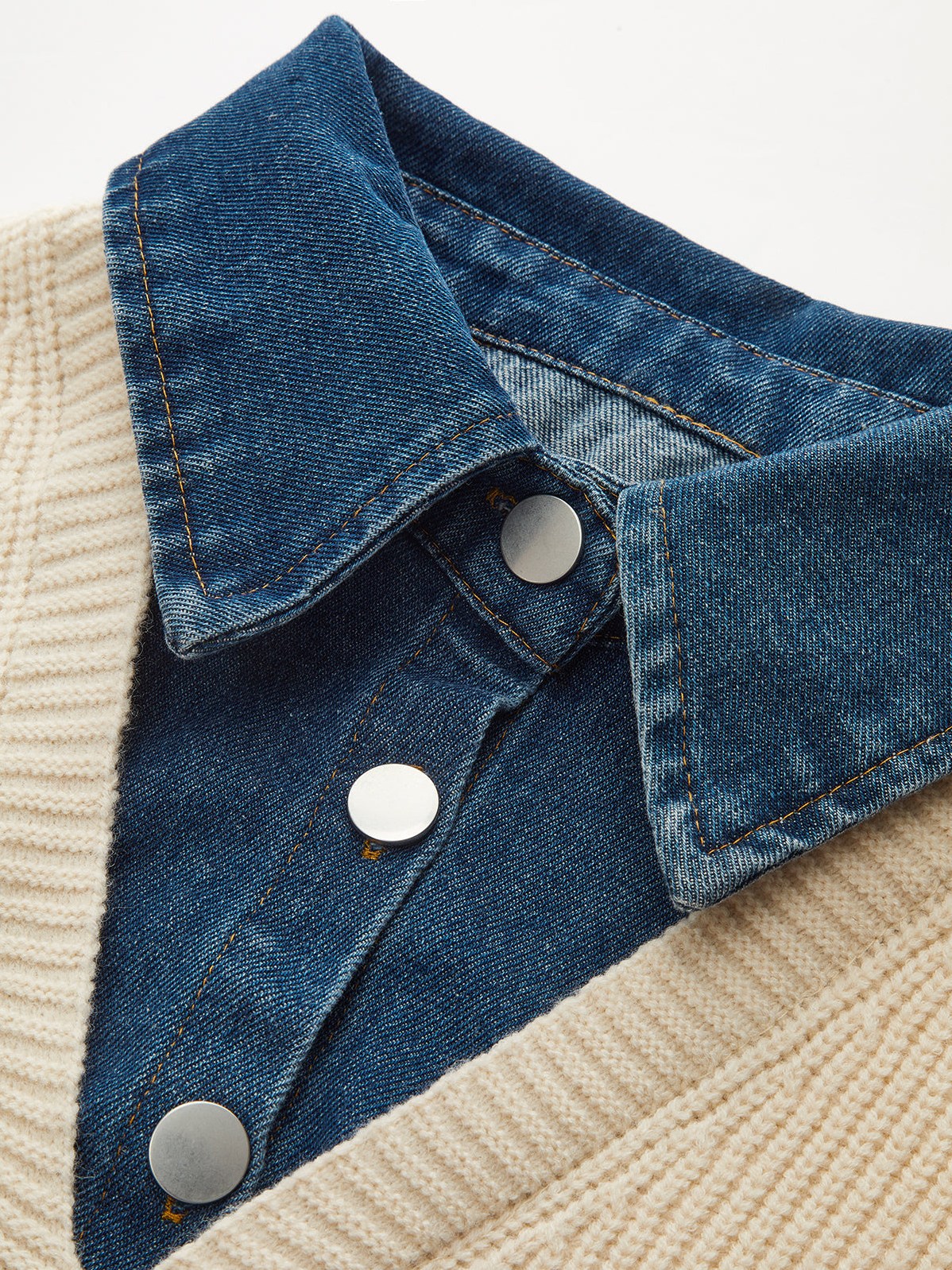 Women's 2 in 1 Denim Paneled Knit Top — close-up