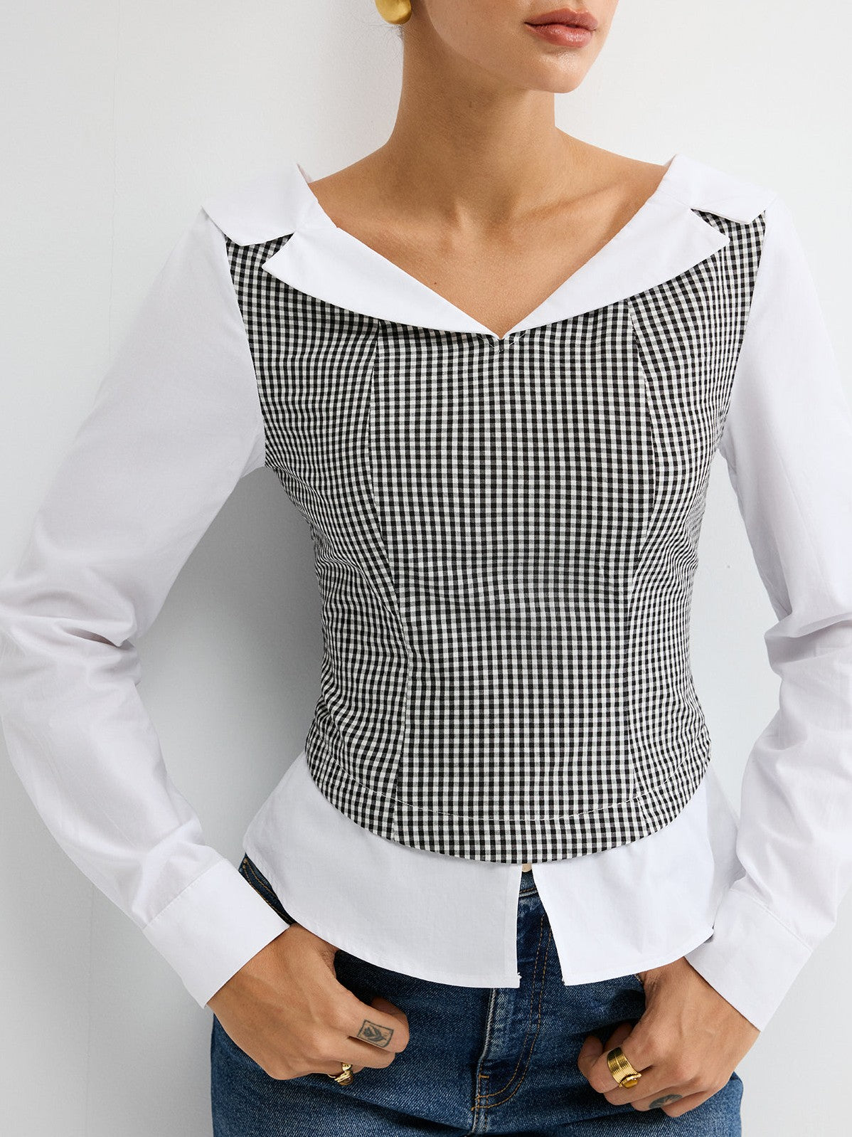 Women's 2 in 1 Gingham Paneled Shirt — close-up